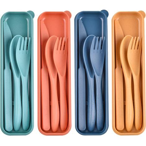 Set für 4 Personen – Wiederverwendbares Besteck aus Weizenstroh – Tragbar mit Beutel – Spülmaschinenfest – Ideal für Camping und Reisen (1/5)