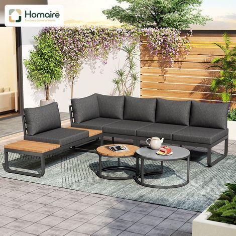 HOMAIRE Gartenmöbel-Set mit 4-5 Sitzplätzen, 2 stapelbaren Couchtischen, verzinktem Eisenrahmen, grauen Sitzpolstern, Kissen und verstellbaren Beinen (1/5)