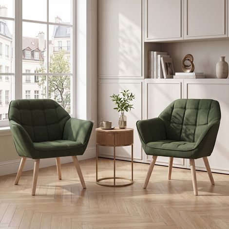 Wahson Linen Upholstered Accent Chair - Modern Tub Armchair with Metal Legs for Bedroom Living Room, 2-Pack, Green