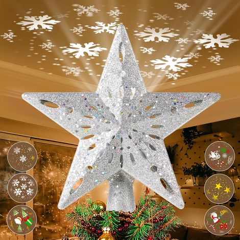 Étoile de sapin de Noël : cimier de sapin de Noël avec 6 modes de projection, lumière LED rotative intégrée, étoile 3D pailletée pour décoration de fête de Noël – Argenté (1/5)
