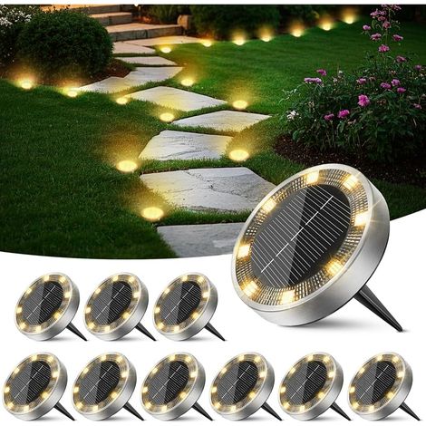 Lampe Solaire Au Sol Jardin Lot de 10, Lumiere Solaire Exterieur 8 LED, Étanche Spot Solaire Extérieur, Eclairage Solar pour Terrasse Allée Chemins Pelouse Cour Outdoor Garden, Blanc Chaud (1/5)