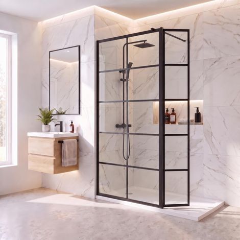 Aquari Grid Wet Room Screen Walk In Enclosure Matt Black 1000mm with 300mm Hinged Return Panel 8mm Toughened Safety Glass (1/5)