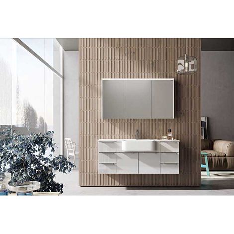 Mobile Bagno Milos100 cm SospesoBianco Lucido Base 2 ante e 3 cassetti - Lavabo in Resina Vasca a Sinistra (1/5)