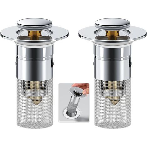 Set di 2 tappi per lavello con filtro per capelli integrato, filtro e filtro retrattile con cestello in acciaio inox rimovibile, per sostituire i tappi per lavello americani. (1/4)