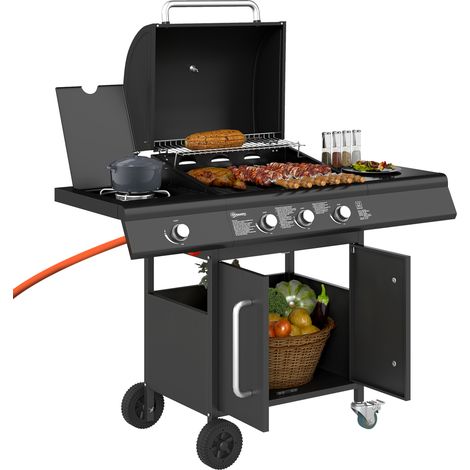 Outsunny Gasgrill 12,2 KW 3+1 Brenner BBQ Grillwagen aus Edelstahl inkl Rolle Seitenbrenner Thermometer Grillrost Kochfeld Seitentisch Gas-Grill für Balkon Camping 118,5 x 56 x 110 cm (1/5)