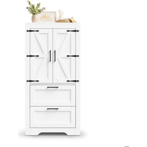 Buffet de Cuisine style campagne 2 tiroirs étagères réglables design porte de grange blanc meuble de rangement (1/5)
