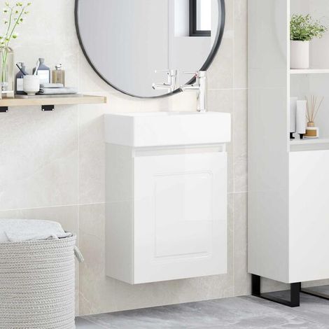 Meuble de salle de bain avec robinet Blanc Brillant, Meuble Mural, Design Moderne (1/5)