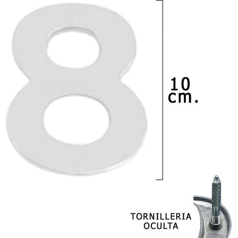 Métal Chiffre "8" Argent Mat 10 cm. avec vis cachées (Blister 1 pièce)