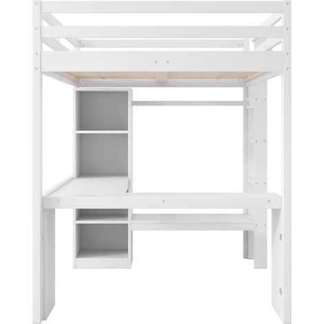 Lit mezzanine 140x200 avec étagères multifonctions, bureau intégré, éclairage LED et port USB, blanc (1/5)