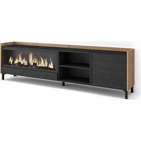 Mueble TV Ojén-01 de 212x61x35 cm con chimenea eléctrica XXL, diseño industrial, color negro y roble (1/4)