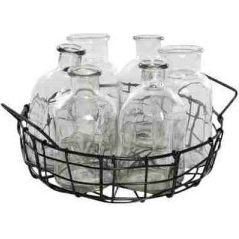 Freese – nature trends Corbeille en fil métallique noir avec 6 bouteilles en verre, ronde – Ø 22 x H 5,5 cm