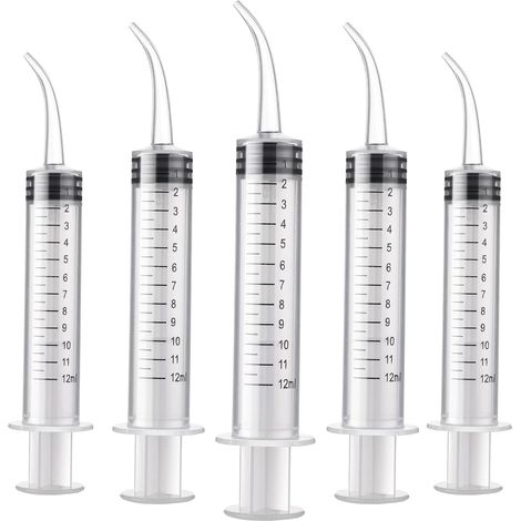 5 seringues dentaires, seringue d'irrigation dentaire orale de 12 ml avec pointe incurvée et échelle de mesure pour le nettoyage des soins dentaires bucco-dentaires (1/5)