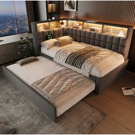 Letto estraibile 90x200 cm con testiera a L, LED, Bluetooth e USB-C, grigio – OKWISH (1/5)