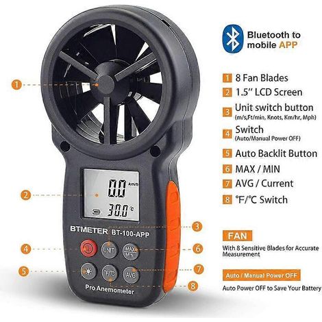Anémomètre numérique portable, anémomètre sans fil Bluetooth, application BT-100APP pour la mesure du refroidissement éolien, de la vitesse et de la température. (1/4)