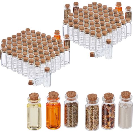 Relaxdays Mini Glass Bottles with Cork Stopper, 144 Pieces, Perfect for Oils, Spices, Sand, 10 ml, Deco, Transparent