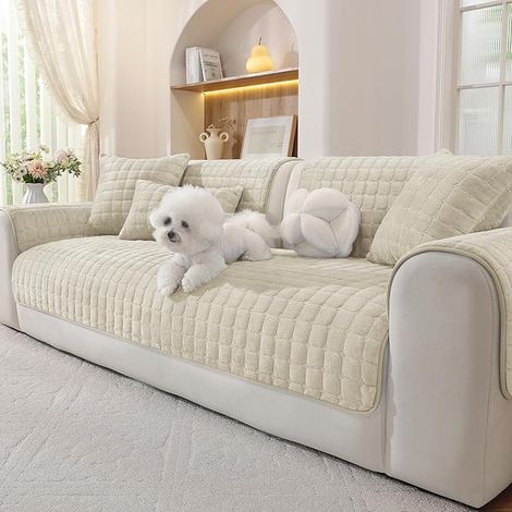 Thick Velvet Sofa Cover, Non-Slip Sofa Cover, Suitable for 1/2/3/4 Seater Sofas and Sofas with Chaise Longue Section (Beige, 70 x 180 cm) (1/4)