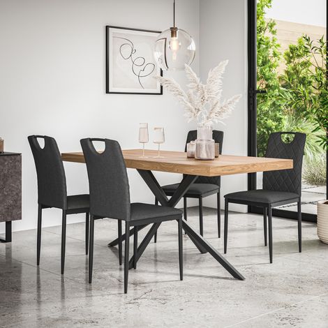 Donni Dining Table And Chairs -  Oak Effect Table Top w Black Legs + Monza Linen Dining Chair Set Of 4 (Charcoal) (1/5)