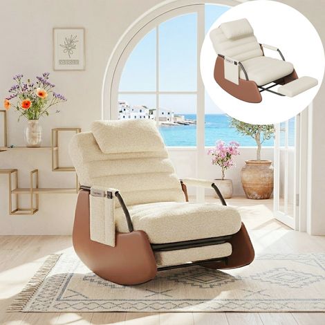 Fauteuil à Bascule Scandinave Tissu Bouclette, Rocking Chair d'Allaitement avec Repose-Pieds, Fauteuil Relax Appui-Tête et Dossier Inclinable (91.5x67x92 cm) - Beige