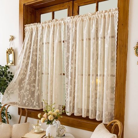 Set di 2 tende corte vintage in pizzo jacquard beige, 140x100 cm (1/5)