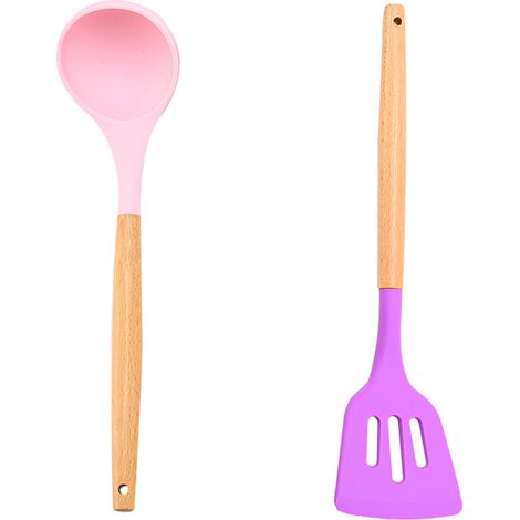 Ustensiles De Cuisine En Silicone - Manche En Bois Résistant À La Chaleur - Pour Casseroles Antiadhésives - Lot De 2 Pièces (1/5)