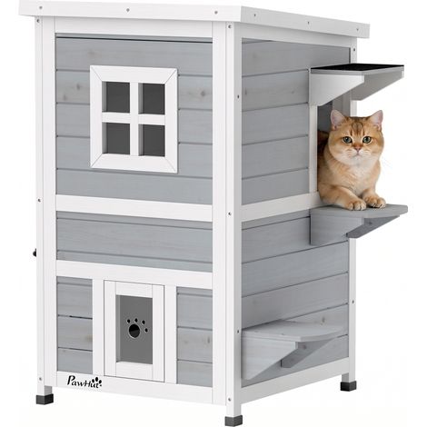 PawHut Wooden Cat House 2-Floor Outdoor Kitten Shelter with 3 Doors, Grey (1/5)