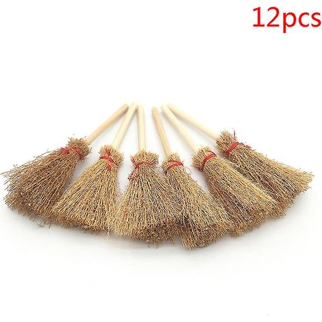 Lot de 12 mini balais de sorcière à suspendre pour Halloween, accessoires en paille de bois (1/4)