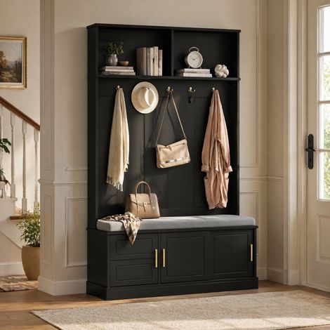 Appendiabiti da ingresso con panca porta scarpe, 6 ganci, 120 x 40 x 191 cm, nero HAVRYA (1/5)