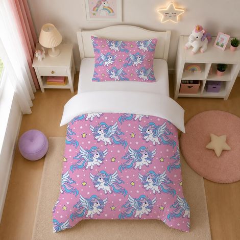 Parure de lit pour enfant fille 135 x 200 cm - Motif licorne rose - Avec fermeture éclair - 2 pièces - En microfibre douce - Housse de couette et 1 taie d'oreiller de 80 x 80 cm (1/5)