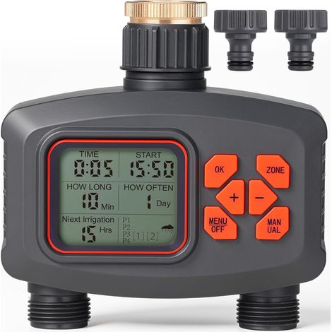 Automatischer 2-Wege-Bewässerungstimer mit Regenverzögerung, IP66-zertifizierter Bewässerungshahn-Timer mit Messinganschluss für Rasen und Garten (1/5)