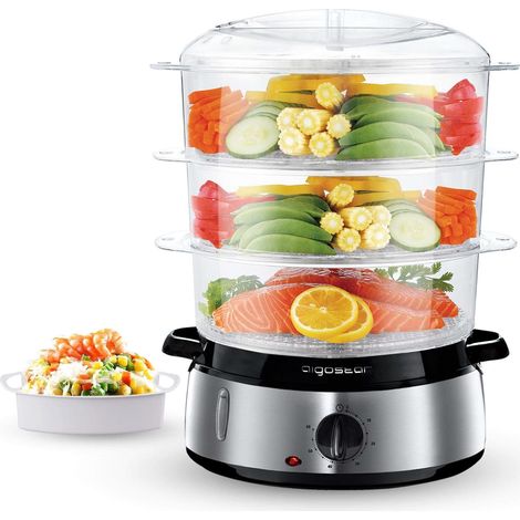 Aigostar Vaporiera Elettrica 800W 9L Acciaio Inox 3 Cestelli Timer 60 Min