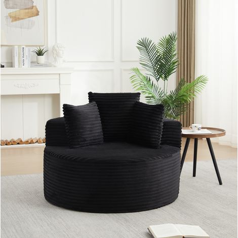 Fauteuil rond individuel en velours côtelé noir, diamètre 110 cm, avec 3 coussins (1/5)