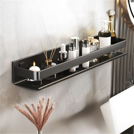 Étagère murale salle de bain sans perçage, rangement lavabo, acier inoxydable 304, 50x10x6 cm, noir, support fixe adhésif, étagère douche (1/3)
