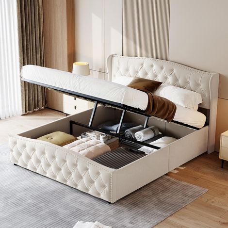 Lit coffre 140 x 200 cm avec Éclairage LED RGB, Tête de Lit avec Rangement et Ports USB/Type-C, Velours, Beige