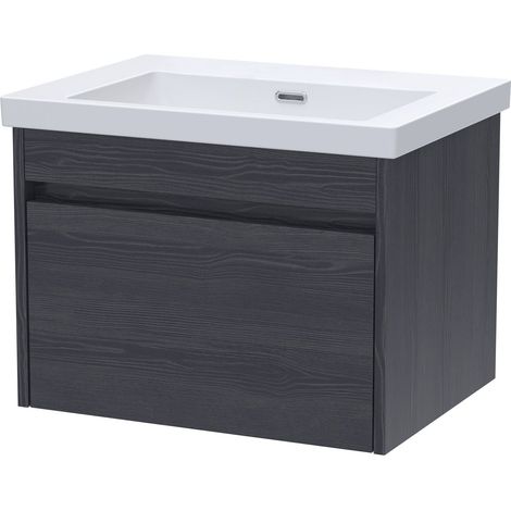 Swainsley Contemporary Wall Hung 1 Drawer Vanity Unit with 0 Tap Hole Fireclay Basin, 600mm, Graphite Grey Woodgrain