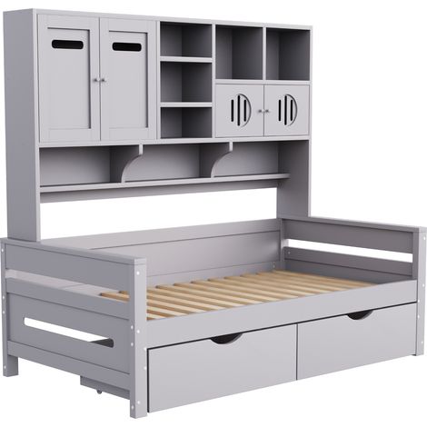 Einzelbett 90 x 200 cm mit Stauraum, 2 Schubladen, grau, Holz, Lattenrost, ohne Matratze (1/5)