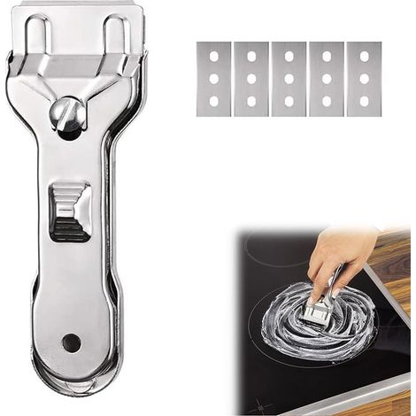 Grattoir Plaque Vitrocéramique avec 5 Métal Lames de Rechange, Racloir Plaque Induction, Gratte Vitre, Lame grattoir, Scraper, pour Plaque À Induction, Colle, Vitres, Poêle, Autocollants (1/5)