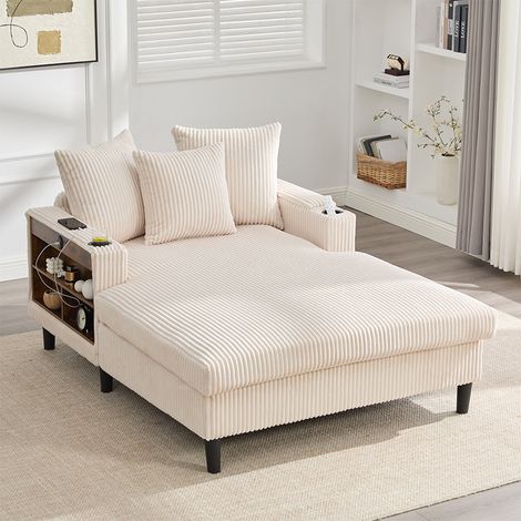 Méridienne 129x170x70 cm en Velours Côtelé Beige avec LED, USB, Rangement et Double Porte-Gobelets (1/5)