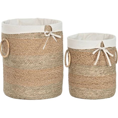 Panier rangement en jonc de mer naturel et tissu crème tropical - Naturel jonc de mer et crème (1/3)