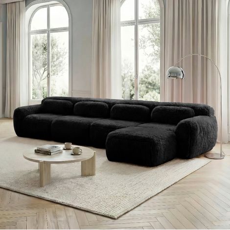 Divano modulare angolare a L 4 posti nero in tessuto effetto peluche con cuscini OKWISH (1/5)