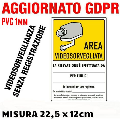 N°2 Cartelli in PVC plastificato "AREA VIDEOSORVEGLIATA" - 15 x 22,5 cm - Aggiornato GDPR UE 2016/679