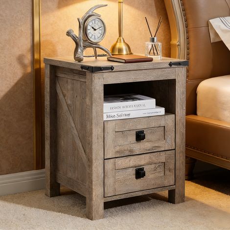 Table de chevet bois Style Farmhouse avec Station de Charge, Meuble d'Appoint à 2 Tiroirs de Rangement pour Chambre & Salon - Panneau de Particules Light Rustic Oak (1/5)