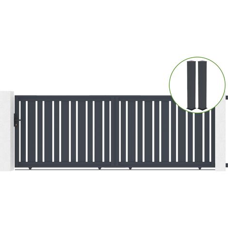 Portail coulissant 4m VEYMONT H.140cm alu gris + 2 poteaux 20x20cm H.166cm (1/5)