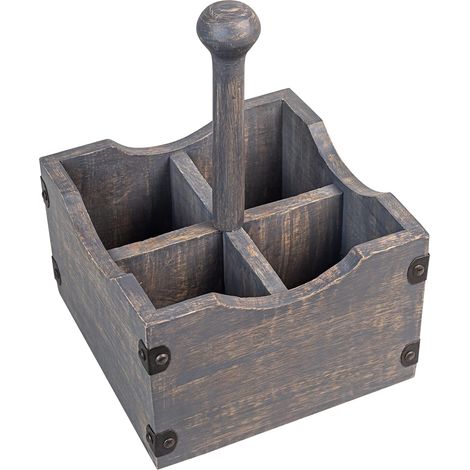 Panier à couverts carré en bois avec 4 compartiments divisés, porte-ustensiles pour cuisine, organiseur de rangement en bois de manguier délavé avec poignée en bois amovible (1/5)