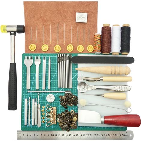 Leather Sewing Tools 44-Piece Hand Tool Kit for Leather Crafts with Groove Stitching, Fasteners, Punch, Wooden Awl for DIY Leather Artwork, Leather, Wholesale Fabric, Canvas, Fabrics (1/5)