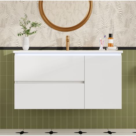 Meuble vasque mural 91,5x46,5x50,5 cm en MDF et céramique blanc, rangement gain de place – MEUBLIV (1/5)