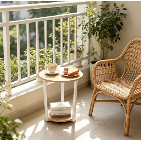 Table basse ronde avec 2 niveaux de rangement, petite table d’appoint en métal et bois clair, 50 x 53 cm, idéale pour salon, chambre ou balcon  CHICFURN (1/5)