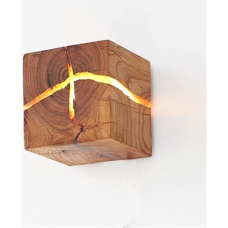 Applique en Bois 8cm Fissuré Naturel Design Original , Applique Murale Créative Simple Décoration Carrée Applique Murale Veilleuse 5W