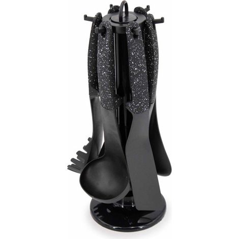 Set de 6 ustensiles de cuisine avec support rotatif - Manches effet marbre - Noir - H 36 cm - Livraison gratuite