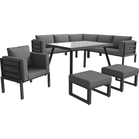 Set salotto da giardino semicircolare per 8 persone in ferro grigio con tavolino in vetro (1/5)