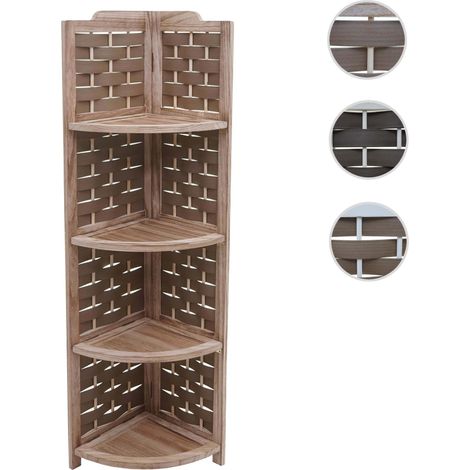 Etagère d'angle HWC-K85 pliable 4 étagères - bois de paulownia 110cm - blanc - tressage anthracite (1/5)